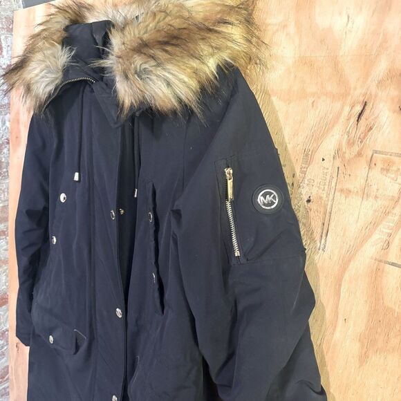 Michael Kors Missy Faux Fur Down Black Anorak Jacket Large - Picture 2 of 6